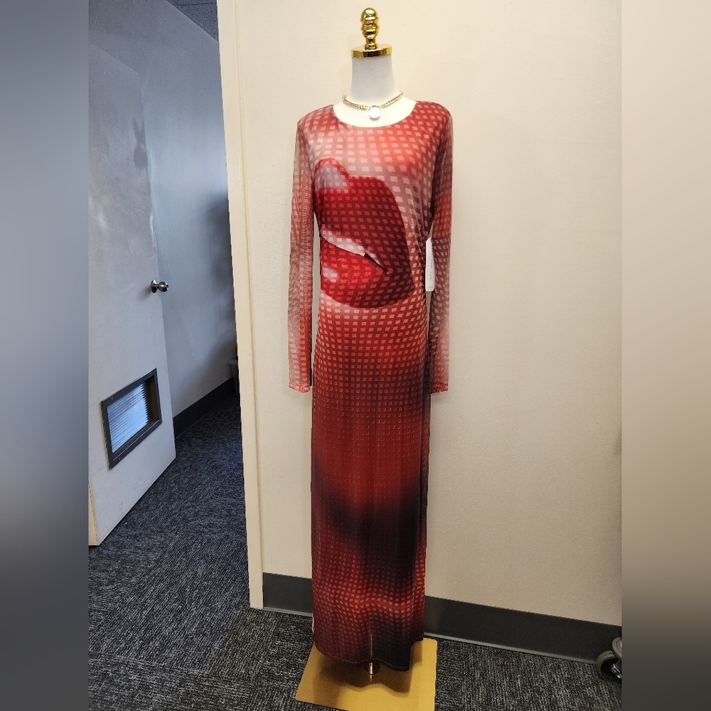 Almost Famous Red Lip Print Mesh Maxi Dress Sheer Sleeve Bodycon Size XL